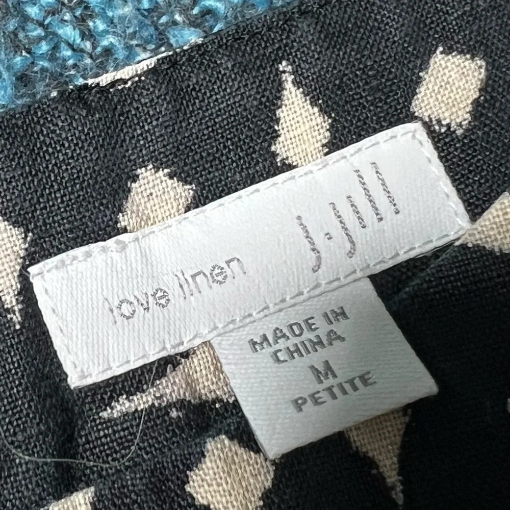 J.Jill Love Linen Mini Dress Shift Dress in Black Tan Medium Petite 100% Linen